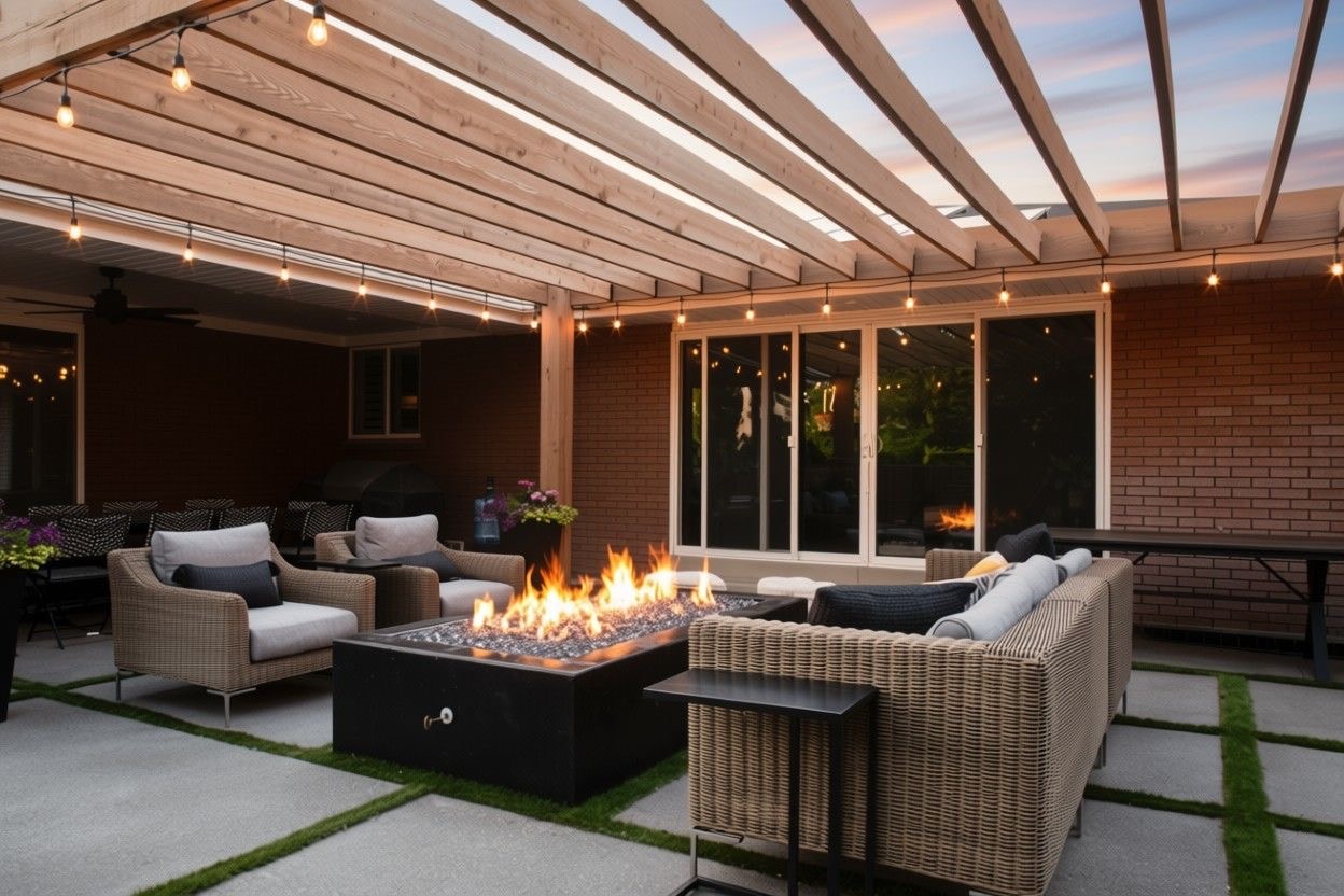 Pergola with string lights, fire pit table and wicker seating on a concrete paver patio at dusk — Salt Lake City, Utah