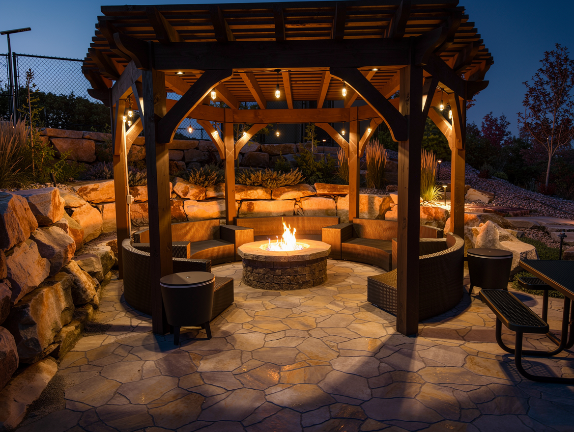 Pergola with string lights, fire pit and wicker lounge seating at dusk — outdoor living design by Black Diamond Landscape, Salt Lake City