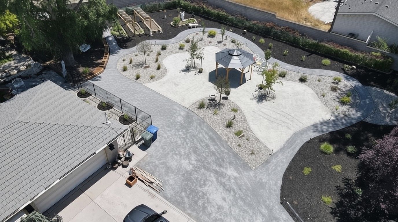 Aerial view of a completed large-scale backyard landscape with concrete patio, gazebo, raised garden beds and xeriscape planting — Salt Lake City, Utah