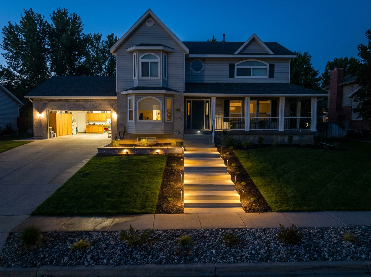 Modern residential home exterior at evening with professional landscape design — Salt Lake City, Utah