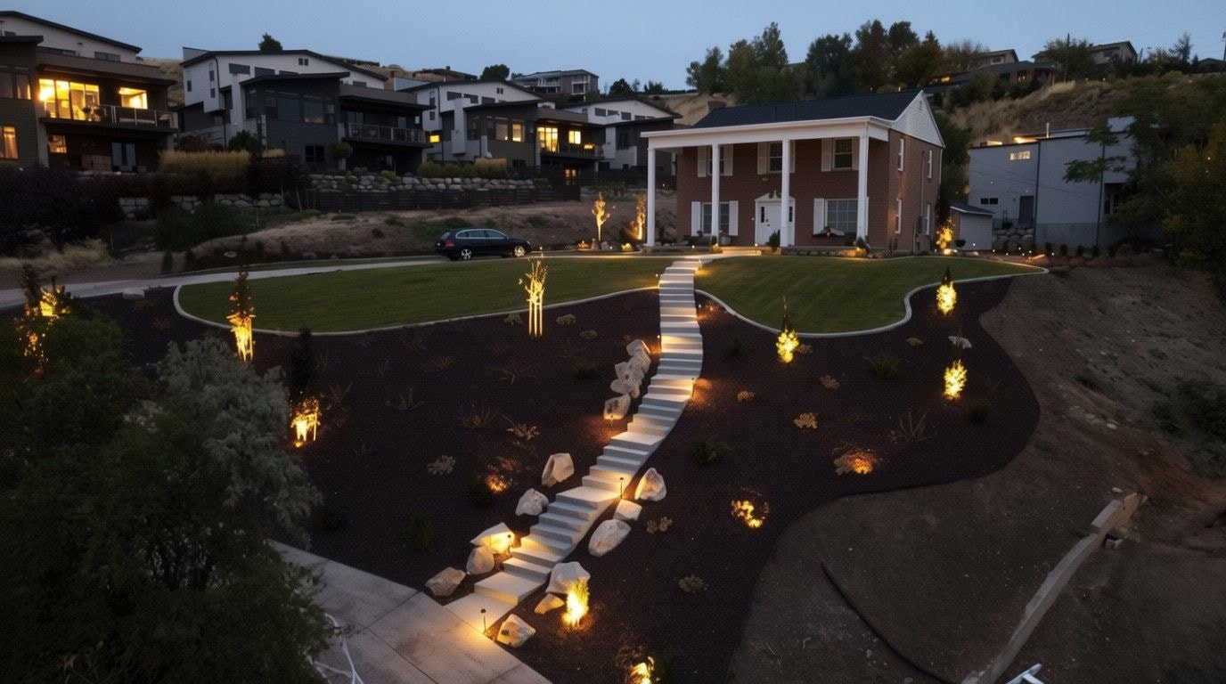 Illuminated front yard entry with winding path lighting, boulder accents and low-voltage landscape fixtures at dusk — Salt Lake City, Utah