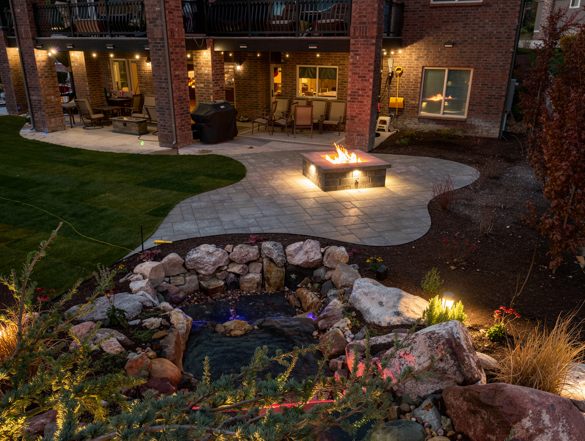 Nighttime luxury backyard with illuminated fire pit, water feature and integrated patio lighting — Salt Lake City, Utah