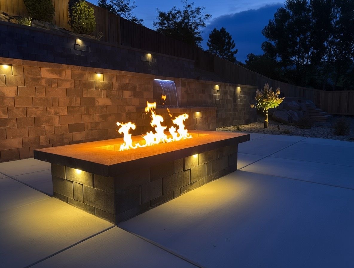 Custom linear fire feature with retaining wall sconces and illuminated waterfall on a paver terrace at night — Salt Lake City, Utah