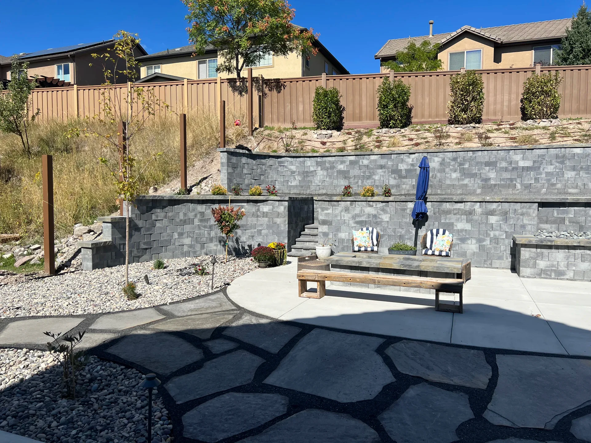 Completed Belgard retaining wall with steps and planting beds in Draper, Utah