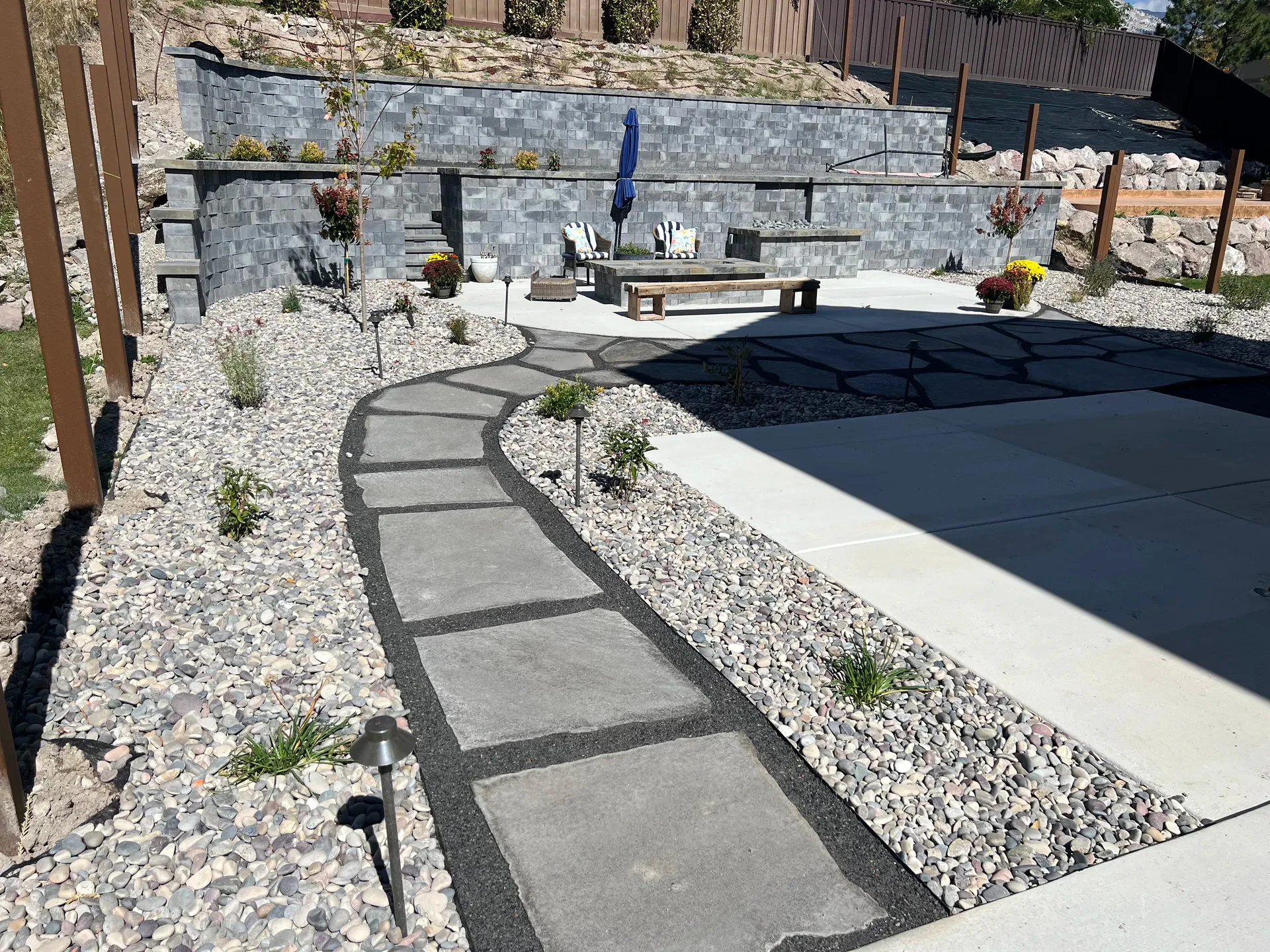 Water-wise planting and decorative rock with Belgard retaining walls in Draper, Utah