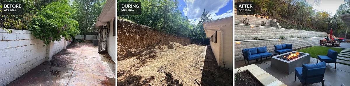 Three-step transformation: the original block wall, the slope cut back during demolition, and the finished terraced walls with a fire feature