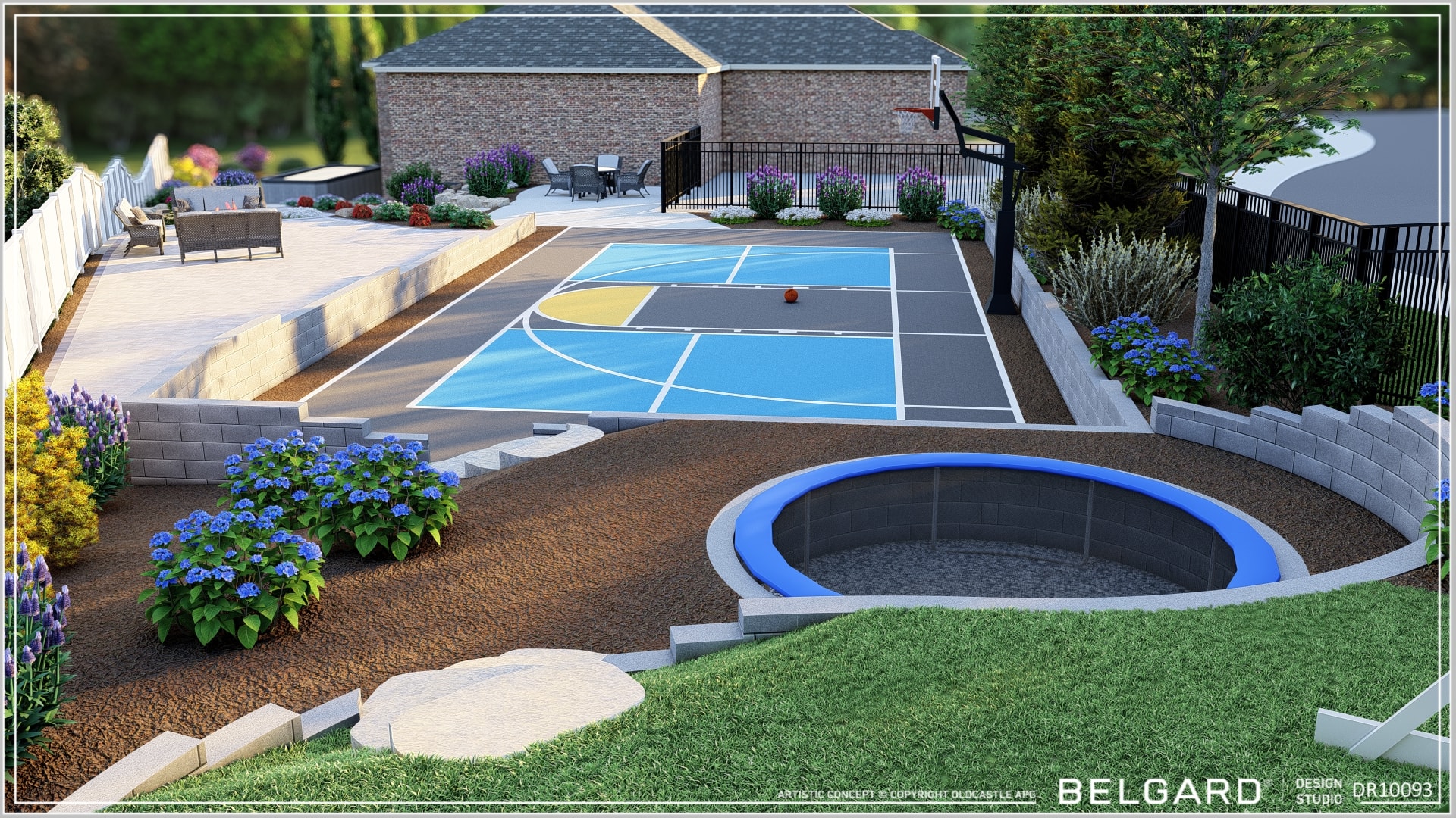 Aerial 3D rendering of the South Jordan complete landscape and sport court project showing pool, patio, retaining wall foreground, and sport court — full property overview from elevated perspective