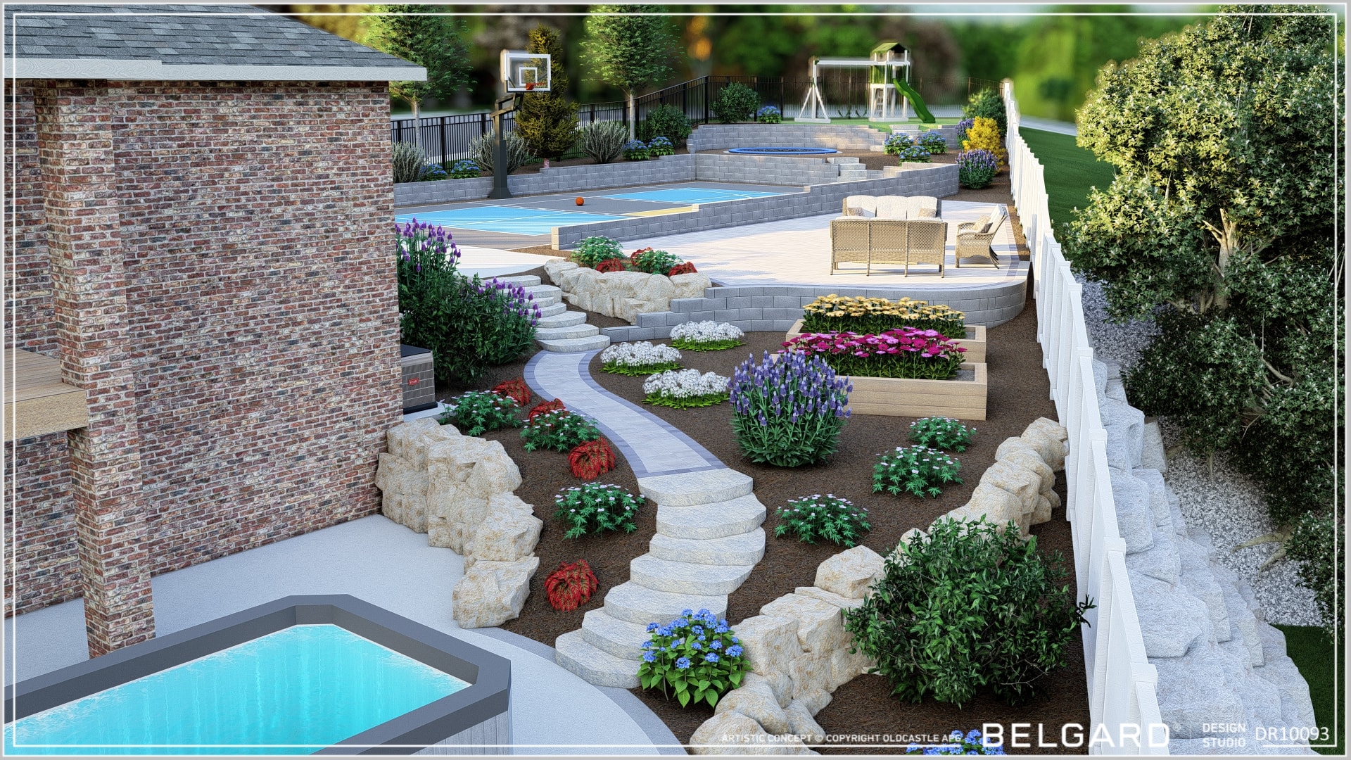 3D Belgard Design Studio rendering of the South Jordan complete landscape and sport court project showing garden pathway, pool area, and sport court from an elevated perspective