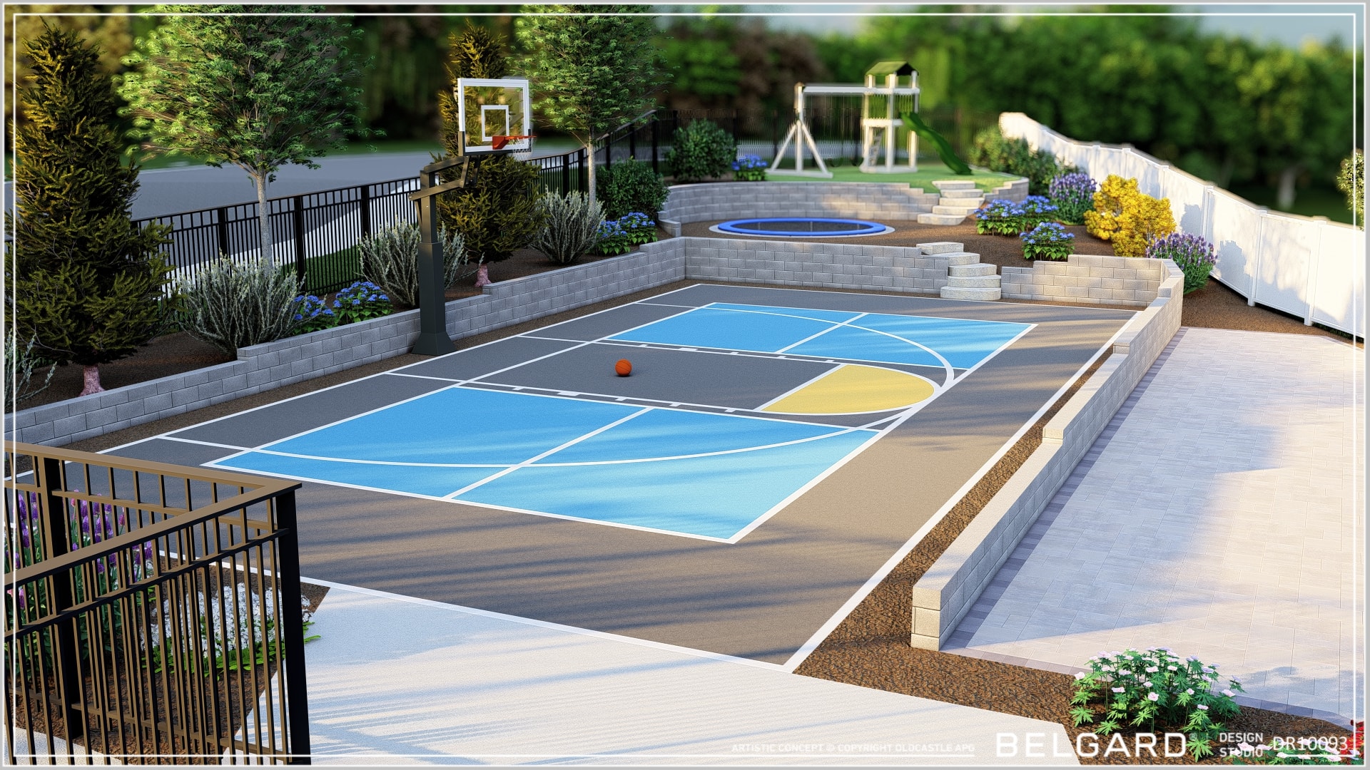 3D rendering of the South Jordan complete landscape and sport court project showing the sport court, retaining walls, and in-ground trampoline from a close elevated angle