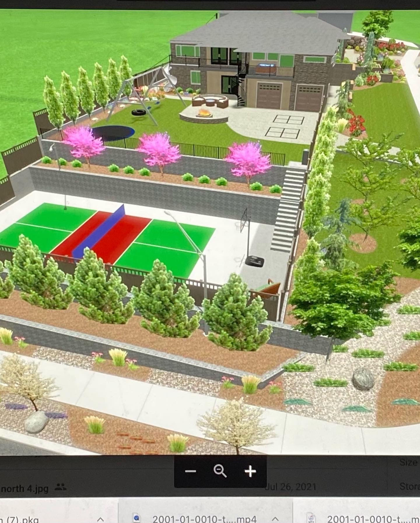 3D rendering of the South Jordan complete landscape and sport court project showing sport court, in-ground trampoline, and retaining walls from a ground-level perspective