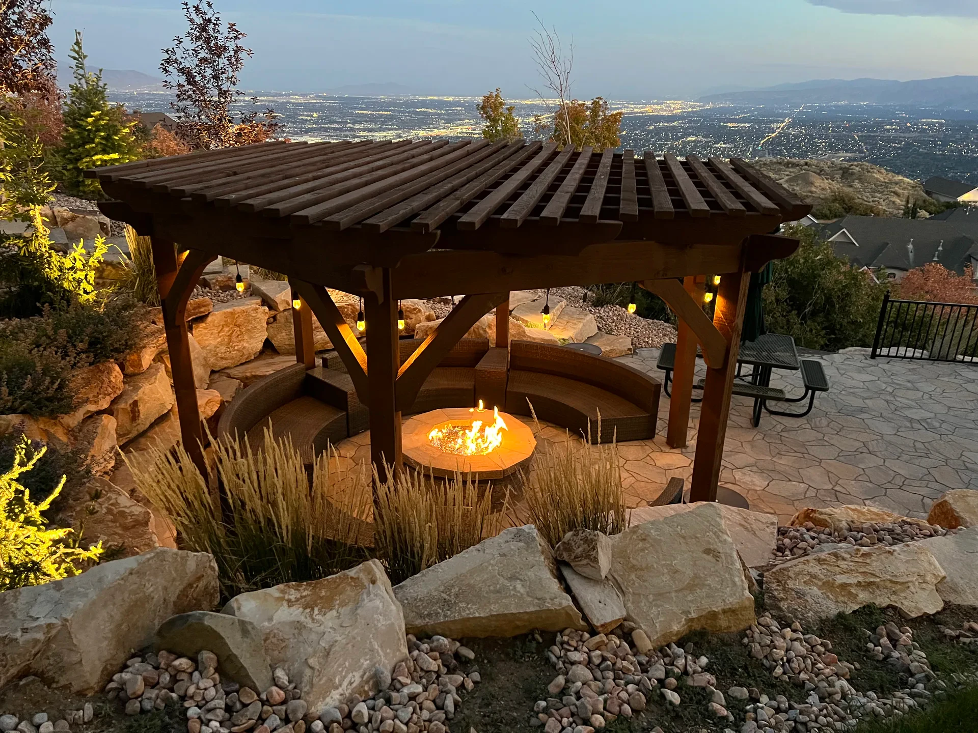 Pergola and fire feature overlooking the valley from Suncrest, Draper Utah