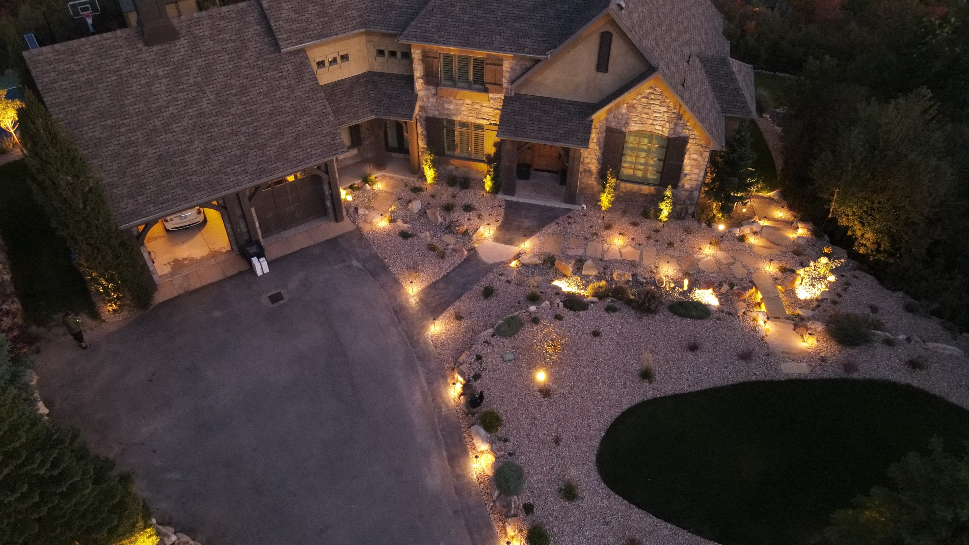 Aerial view of Suncrest Draper hillside landscape renovation — water-wise planting and hardscape