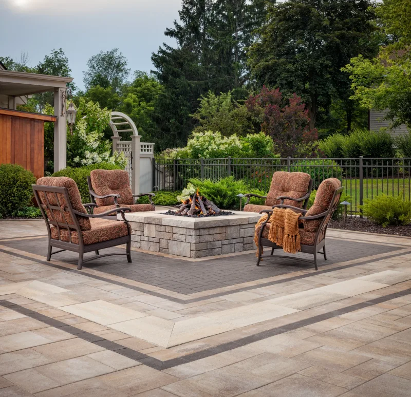 Belgard Dimensions paver patio wide view — white pergola, curved dark-border pathway, live-flame fire pit, Ashlar Tandem Wall gate, and hydrangea foreground — manufacturer inspiration.