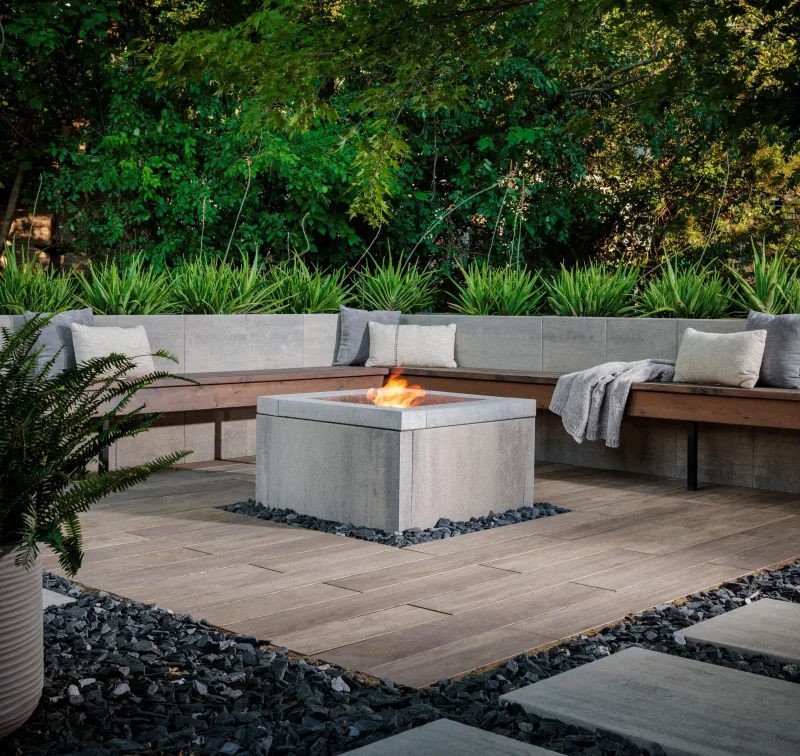 Belgard DimensionsSlab 24x36 contemporary patio with Artforms seat wall and gas fire feature — manufacturer inspiration.