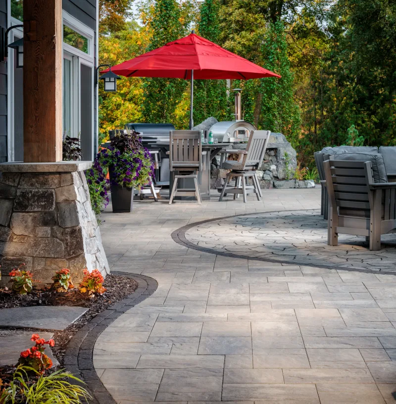Belgard MegaArbel patio with Origins 12 and Brooklyn Paver border — manufacturer inspiration.