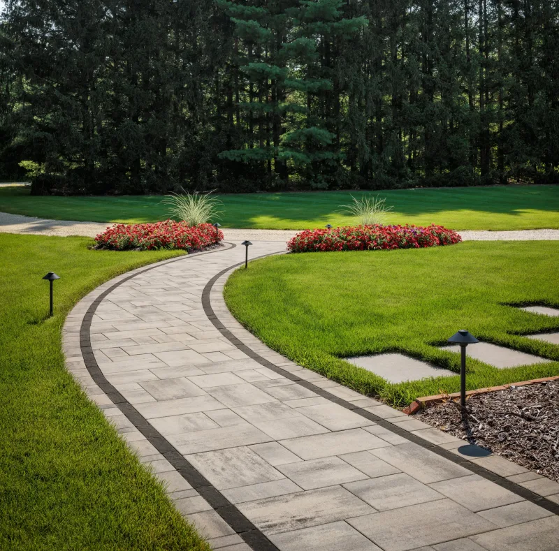Belgard Dimensions 12 Scandina Gray curved pathway with Brooklyn Paver charcoal border and path lighting — manufacturer inspiration.